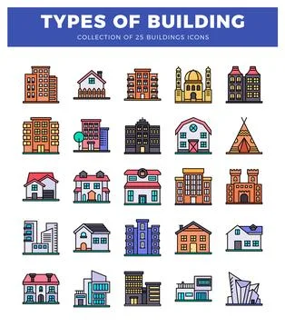 Building icons in bright. flat design.  Set of diverse architectural styles.. Ilustración de archivo