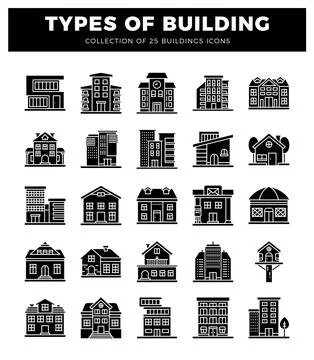 Building icons in a clean. modern. flat design. showcasing various architec.. Ilustración de archivo