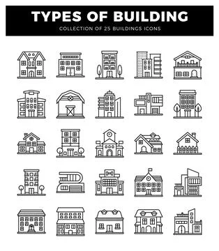 Building icons in a clean. modern line art style on a white background. Ilustración de archivo