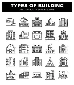 Building icons in a clean outline style with a white background. Ilustración de archivo