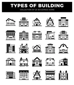 Building icons collection with 25 different styles on a white background Ilustración de archivo