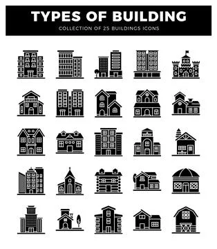 Building icons collection. different architectural styles in a grid on a wh.. Ilustración de archivo