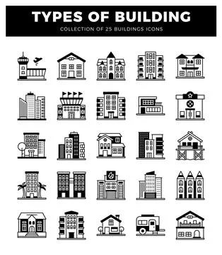 Building icons collection with diverse architectural styles Illustrazione stock