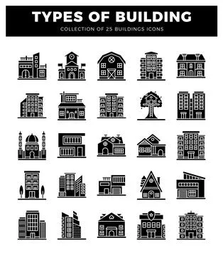 Building icons collection diverse structures in flat silhouette. modern and.. Ilustración de archivo