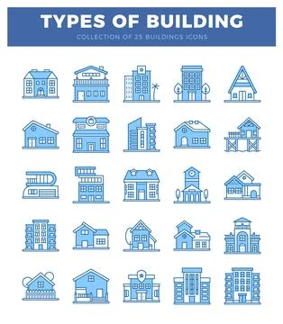 Building icons collection features various types of structures in a white b.. Ilustración de archivo