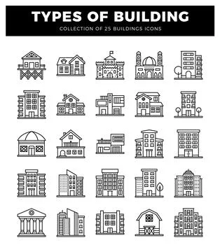 Building icons collection various architectural styles on white background. Ilustración de archivo