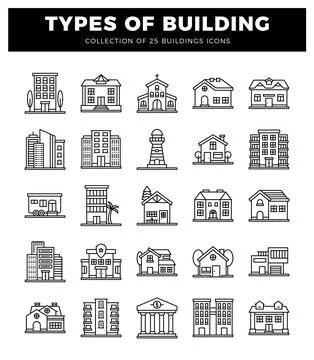 Building icons collection various structures. residential and commercial ar.. Stock Illustration