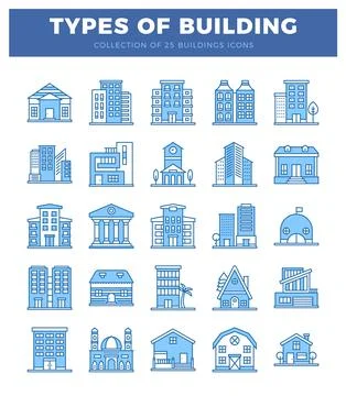 Building icons collection. Various types of buildings in a clean. illustrat.. Ilustración de archivo