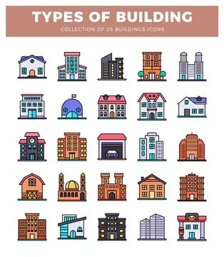 Building icons in colorful flat design style. representing diverse architec.. Stock Illustration