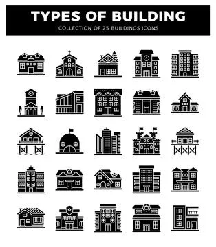 Building icons with detailed architectural elements on white background. Illustrazione stock