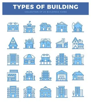 Building icons displayed in a grid with blue outlines on white. Ilustración de archivo