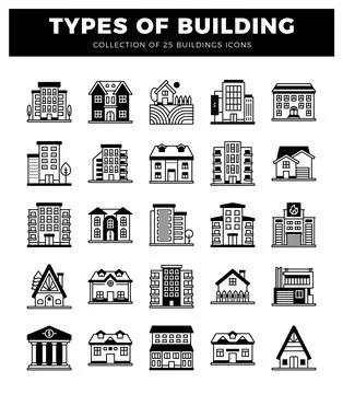 Building icons displayed in a grid format on a white background Ilustración de archivo