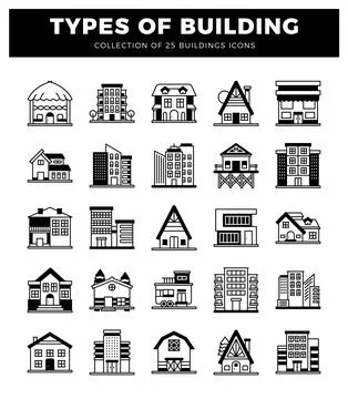 Building icons displayed in a grid format on a white background. Ilustración de archivo
