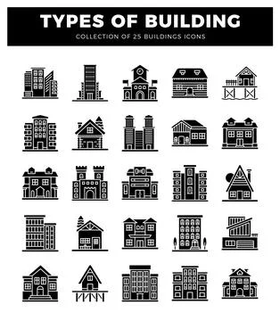 Building icons displayed in a grid pattern on a white background. Illustrazione stock