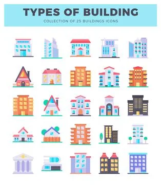 Building icons displayed in a grid on a white background. Ilustración de archivo