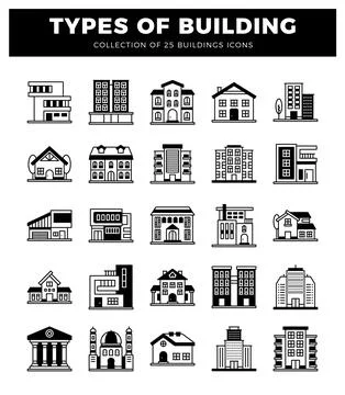 Building icons displayed in a grid on a white background Ilustración de archivo