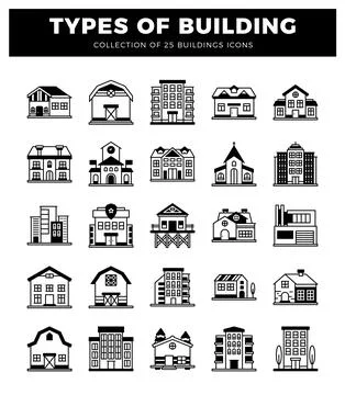 Building icons displayed in a grid on a white background Ilustración de archivo