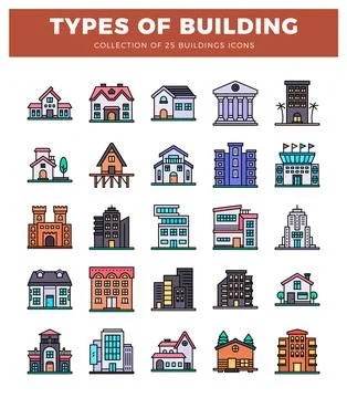 A building icons displayed on a white background with a red header. Ilustración de archivo