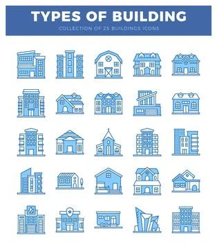 Building icons displayed on white background. showcasing diverse architectu.. Ilustración de archivo