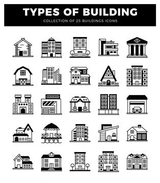 Building icons displayed on a white background Ilustración de archivo