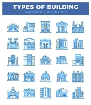 Building icons displayed on a white background with blue outlines. Ilustración de archivo