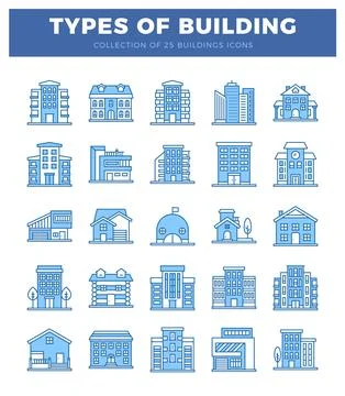 Building icons displayed on white background Ilustración de archivo