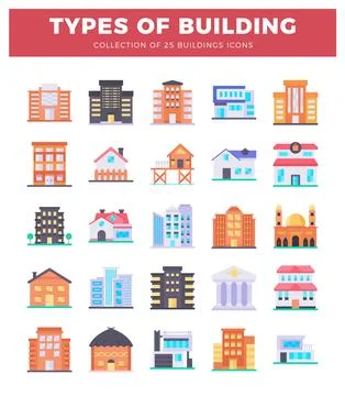 Building icons displayed on a white background. Ilustración de archivo