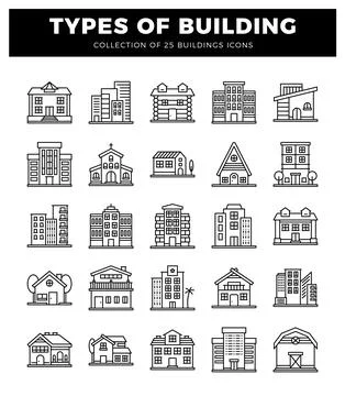 Building icons displayed on a white background Ilustración de archivo