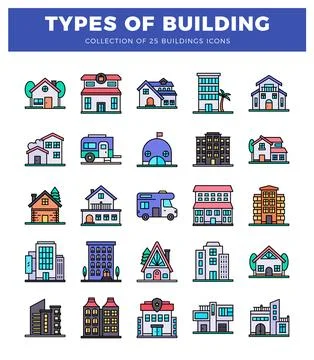 Building icons displayed on a white background with a blue header. Ilustración de archivo