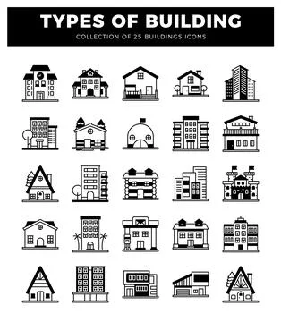 Building icons displayed on a white background. representing different arch.. Ilustración de archivo