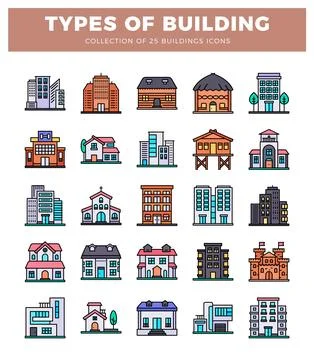 Building icons displayed on a white background. featuring various architect.. Stock Illustration