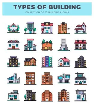 Building icons displayed on a white background. Various building types in c.. Ilustración de archivo