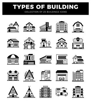 Building icons displayed on a white background with title Ilustración de archivo