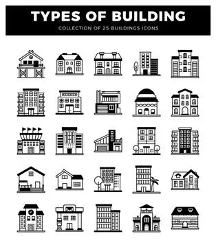 Building icons with diverse architectural styles on a white background. Ilustración de archivo