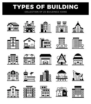 Building icons. diverse architectural styles on white background Ilustración de archivo