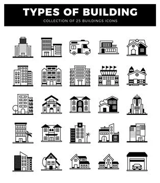 Building icons with diverse architectural styles on white background Ilustração Stock