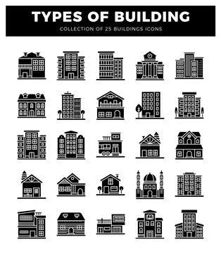 Building icons. diverse architectural styles presented in a clean. modern. .. Ilustración de archivo