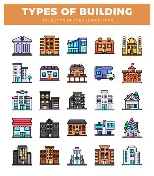 Building icons with diverse architectural styles on a white background. Ilustración de archivo