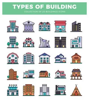 Building icons with diverse architectural styles and colors.  Diverse build.. Ilustración de archivo