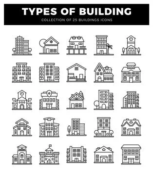 Building icons with diverse architectural styles on white background. Ilustración de archivo
