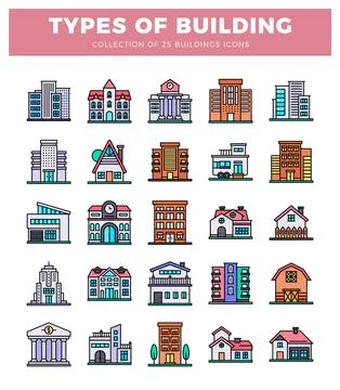 Building icons. diverse architecture. flat design. Icons of various buildin.. Ilustração Stock