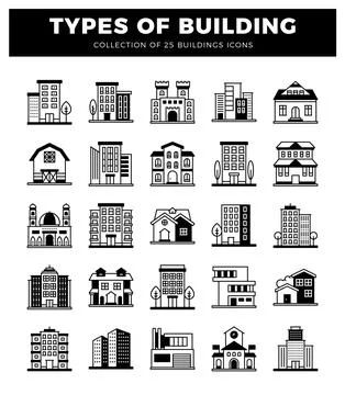 Building icons. diverse structures. Architectural styles in a grid layout o.. Ilustración de archivo