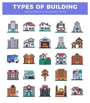 Building icons. diverse structures depicted on white background. Ilustración de archivo