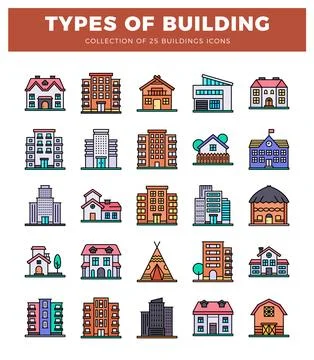 Building icons. diverse styles. flat illustration. white background. Ilustración de archivo