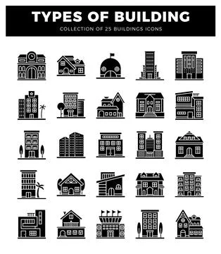 Building icons featuring diverse architectural styles and settings. Graphic.. Ilustración de archivo