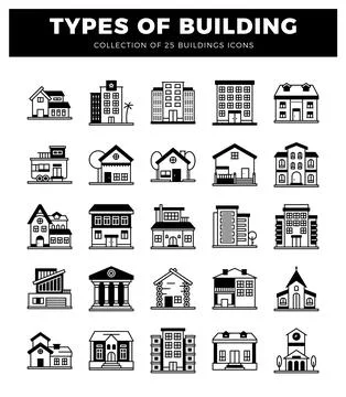 Building icons featuring diverse architectural styles on a white background. Ilustración de archivo