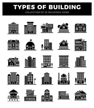 Building icons featuring diverse architectural styles on a white background. Ilustração Stock