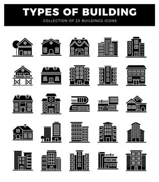 Building icons featuring diverse architectural styles against a white backg.. Ilustración de archivo
