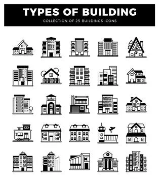 Building icons featuring diverse architectural styles. including residentia.. Ilustración de archivo
