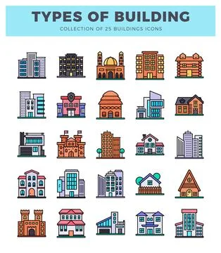 Building icons featuring diverse architectural styles on a white background. Ilustración de archivo